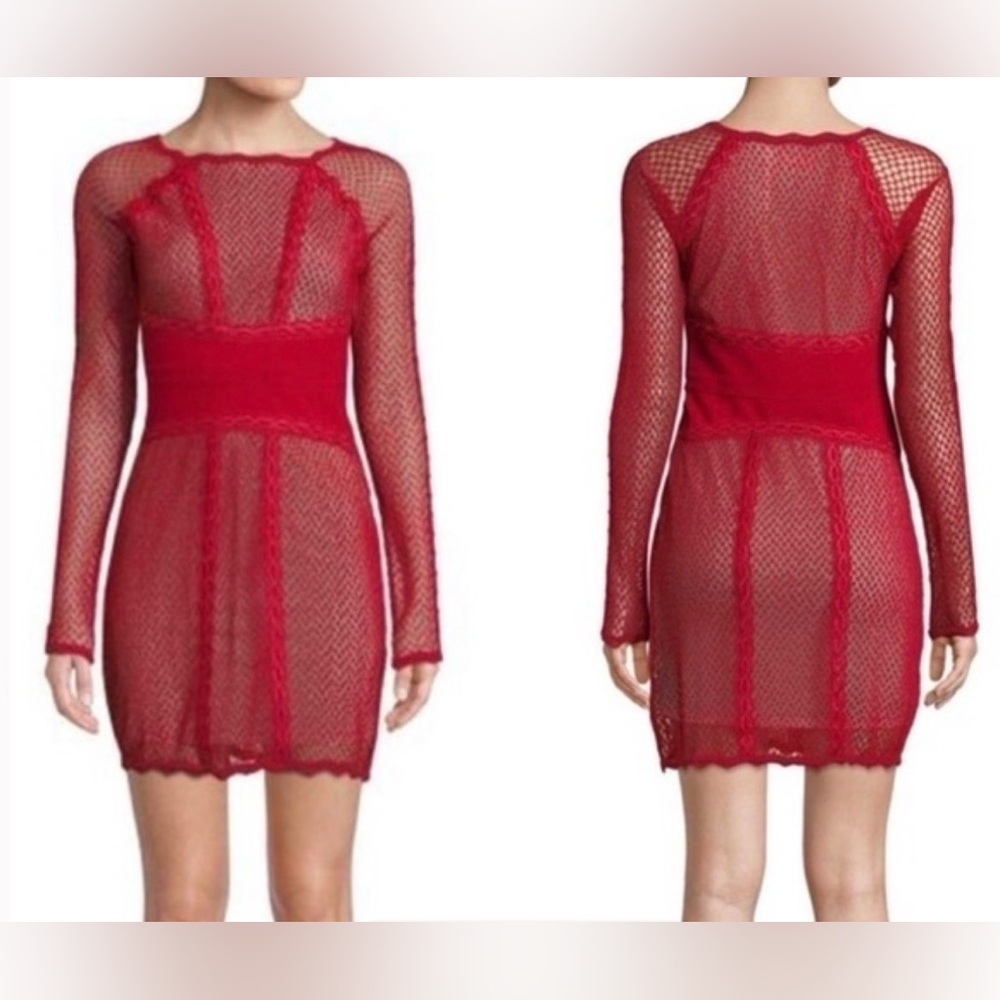 Free People Size Small Bodycon Dress Red Mesh Lined Lace Trim Sheer Long Sleeve